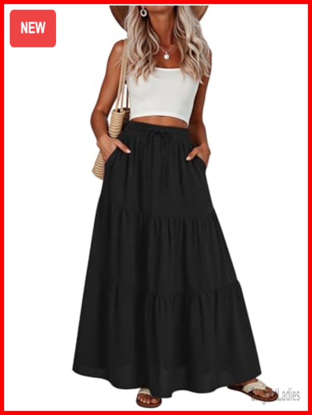 Pleated Tiered A-Line Maxi Skirt Elastic Waist with Pockets